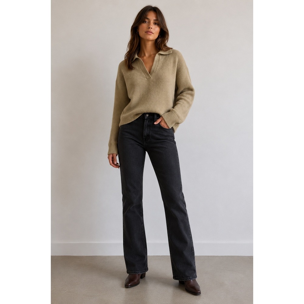 Princess Polly Sweater Womens L/XL Tan Ribbed Knit Collared V Neck Oversized